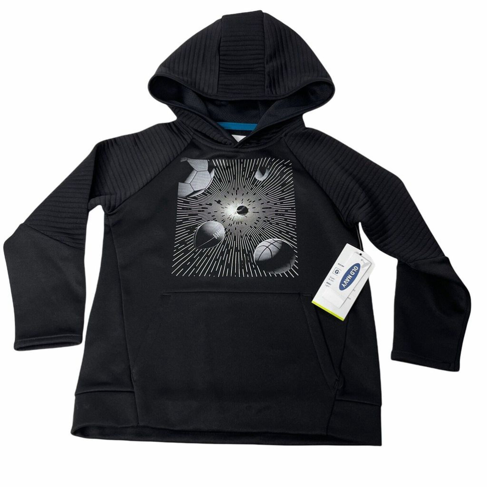 Old Navy Boys Active Dry Black Long Slv Hoodie with Sports Balls Graphic Sz XS 5